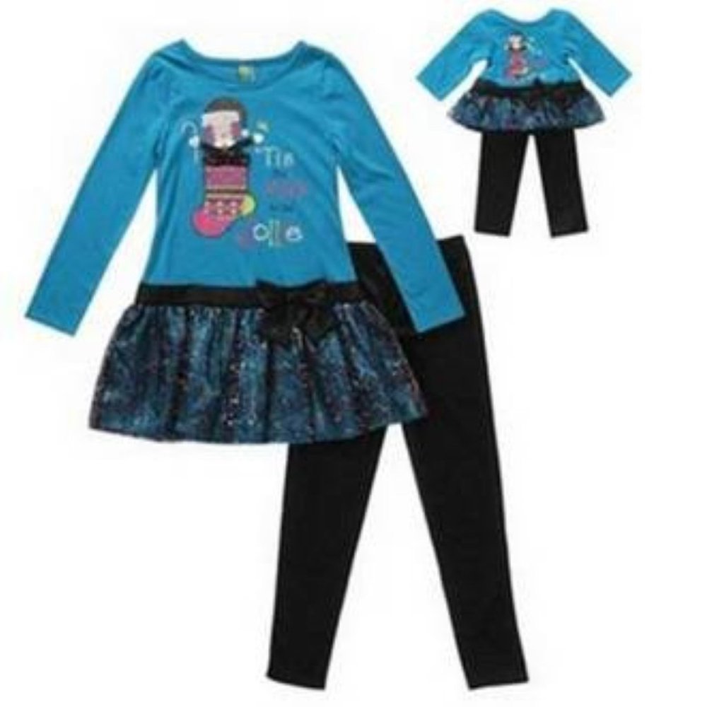 Girls Dollie & Me Christmas Tunic Top & Leggings 10 Blue Black 18" Doll 3 Pc Set